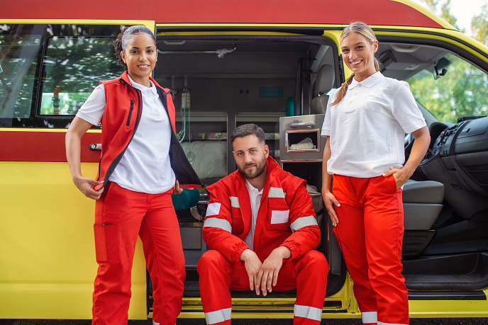multiethnic-group-three-paramedics-rear-ambulance-climbing-through-open-doors-two-women-are-smiling-camera-their-male-colleague-has-serious-expression 2